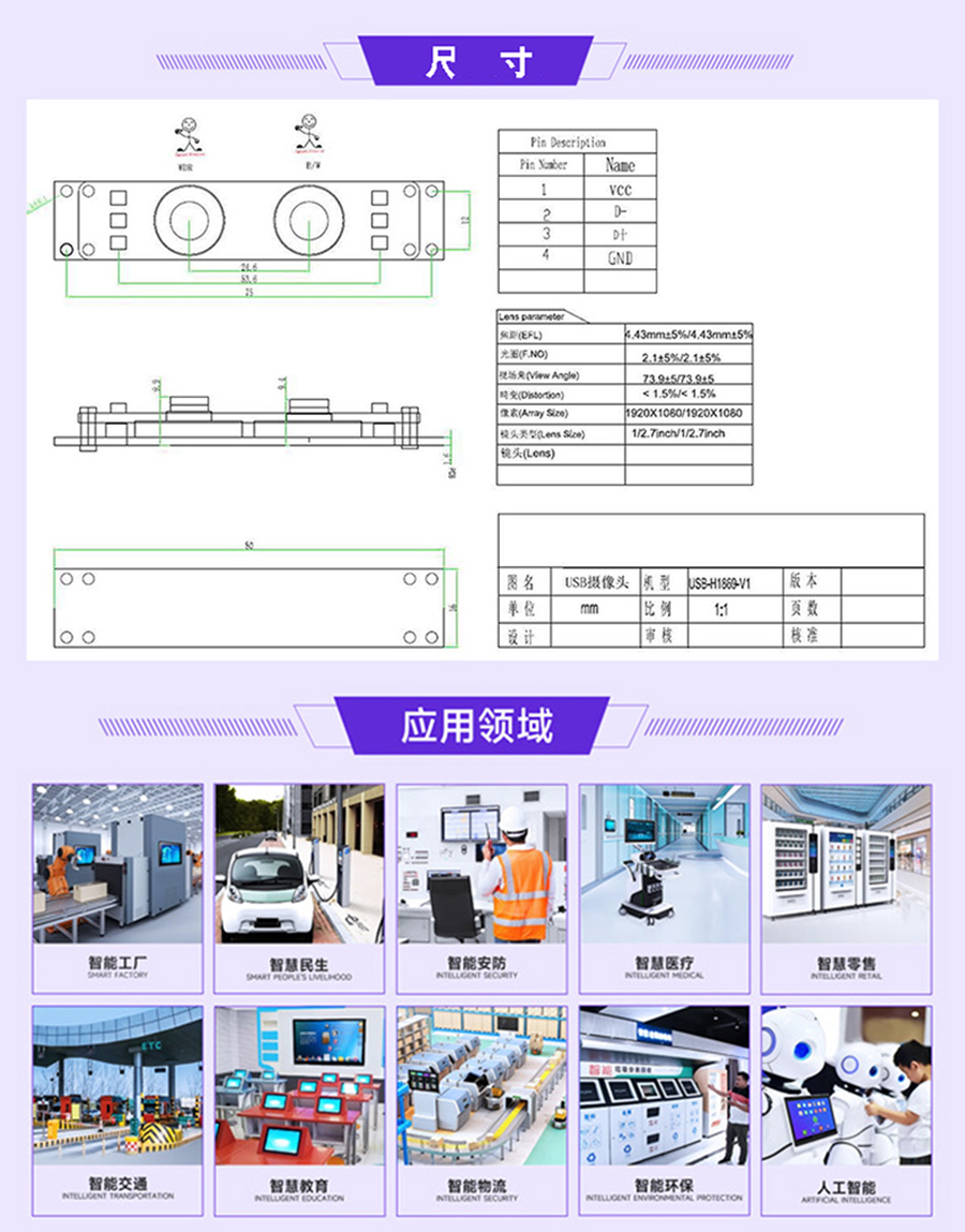 高清1080P双目摄像头模组厂家现货供应按需定制加工免费提供人脸识别算法